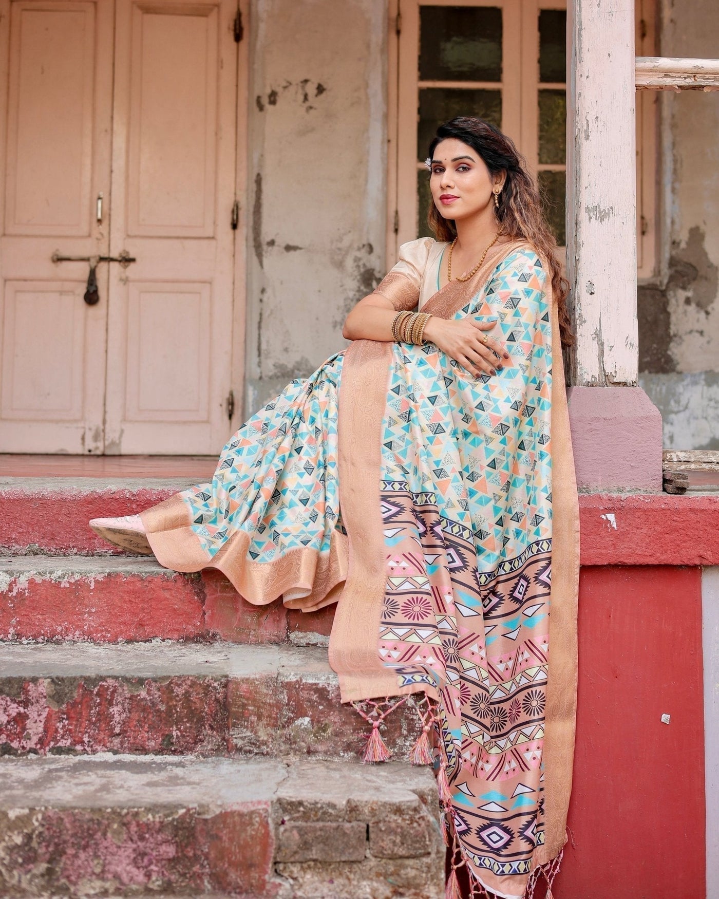 Contemporary Beige Tussar Silk Saree with Geometric Triangle Print and Golden Zari Border