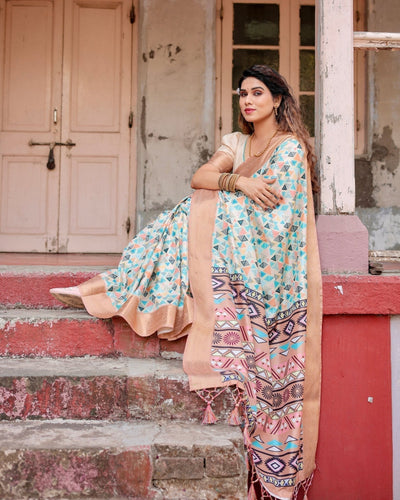 Contemporary Beige Tussar Silk Saree with Geometric Triangle Print and Golden Zari Border