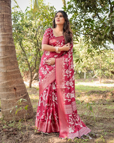 Maroon Tussar Silk Saree with White Floral Motifs, Intricate Zari Border, and Elegant Tassel Pallu