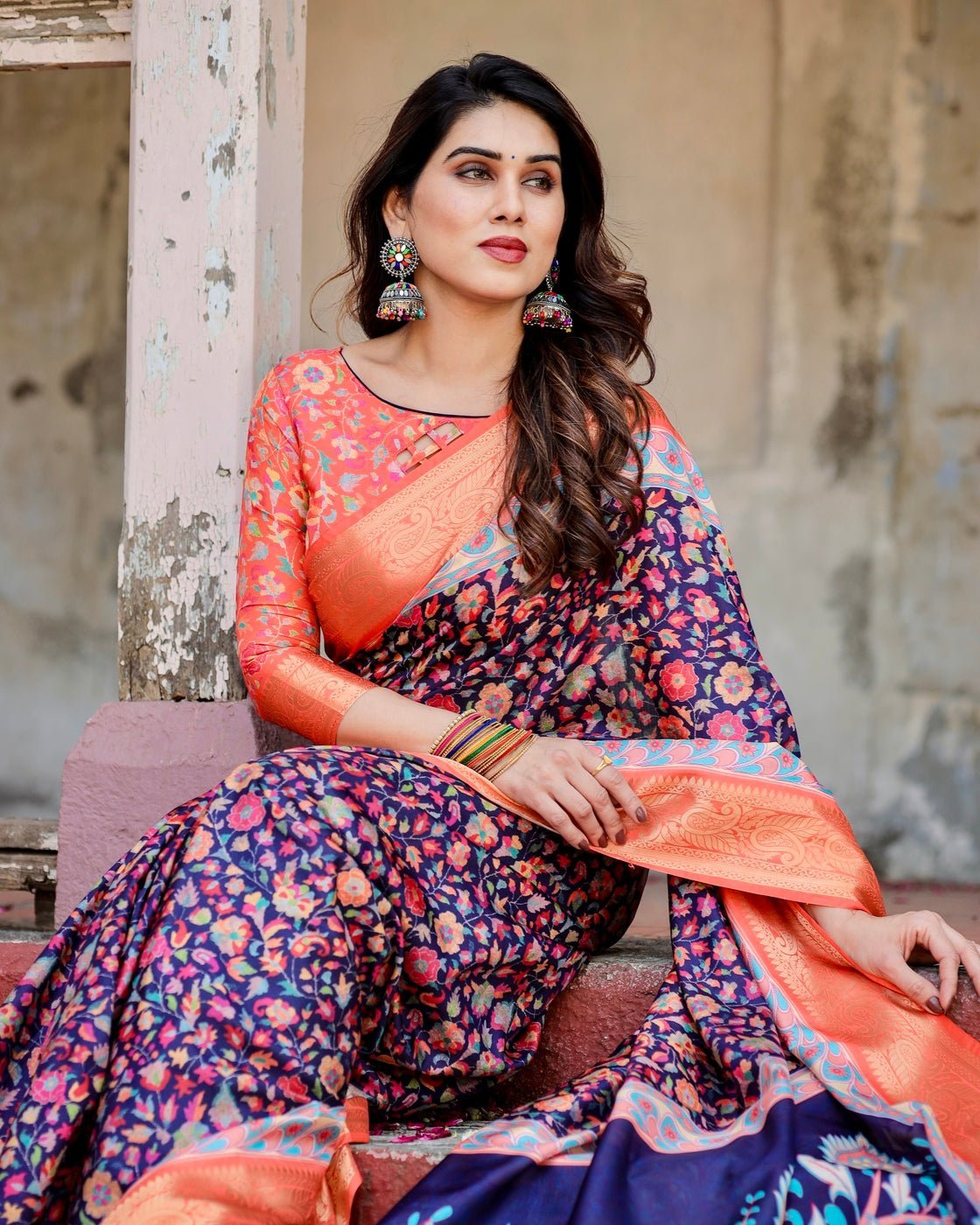 Navy Blue and Peach Tussar Silk Saree with Peacock Motifs and Floral Zari Border