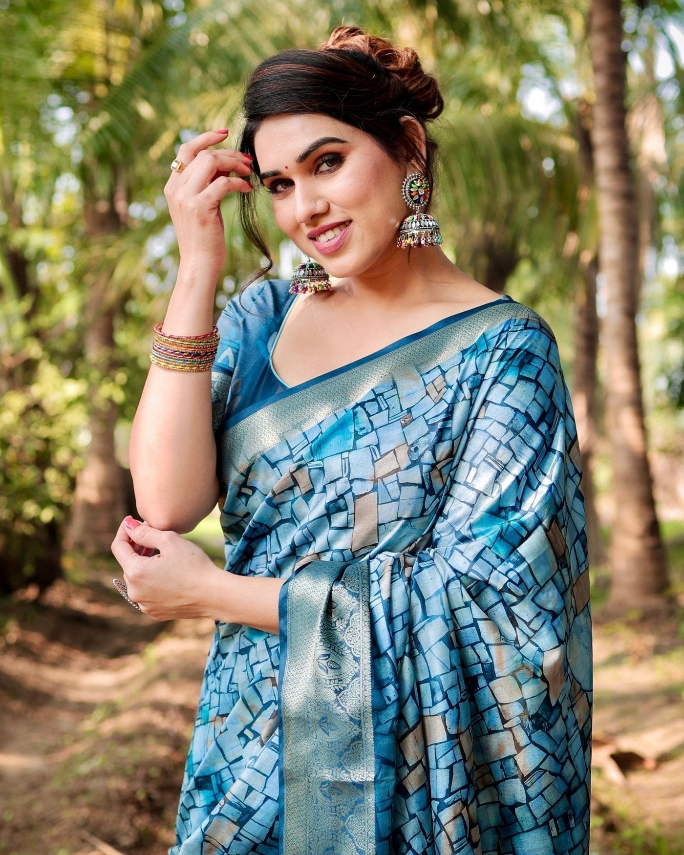 Mesmerizing Blue Tussar Silk Saree with Golden Zari Border and Mosaic-Inspired Pallu Design
