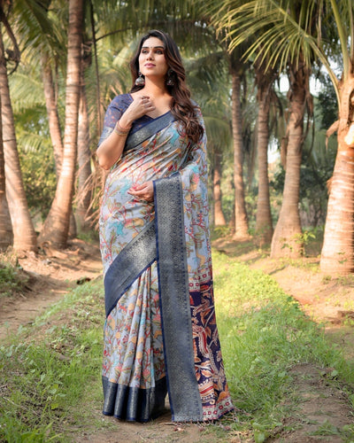 Sky Blue and Navy Digital Print Tussar Silk Saree with Zari Woven Border and Floral Motif Pallu