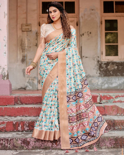 Contemporary Beige Tussar Silk Saree with Geometric Triangle Print and Golden Zari Border