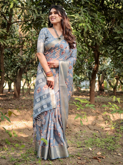 Stylish Sky Blue Tussar Silk Saree with Beige and Gold Zari Work and Contemporary Pallu Design
