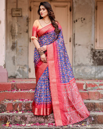 Royal Blue and Red Tussar Silk Saree with Geometric Patterns and Ornate Zari Border