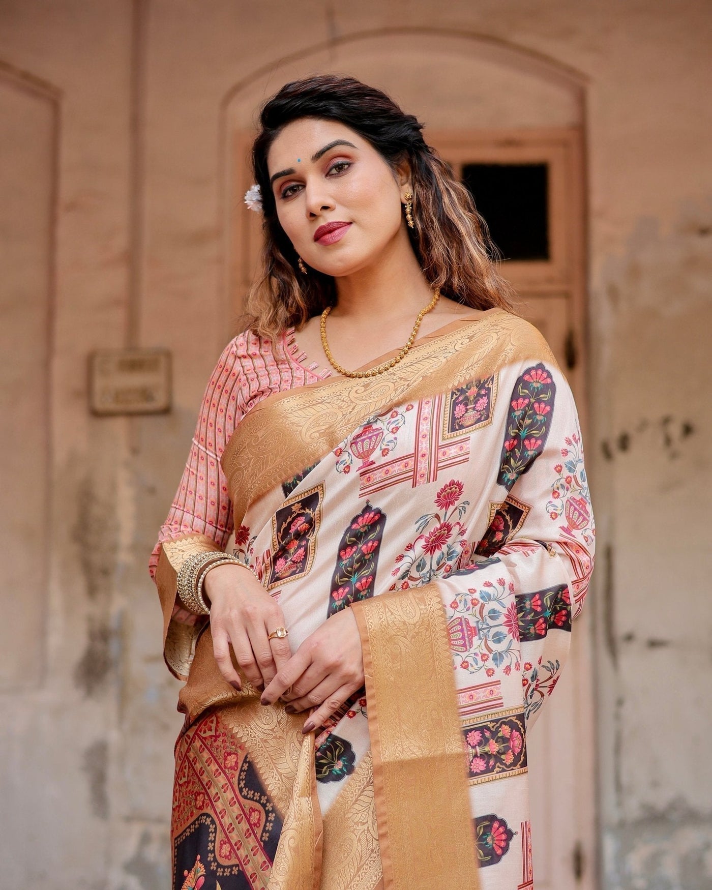 Ivory Tussar Silk Saree with Artistic Floral Motifs and Gleaming Golden Zari Border