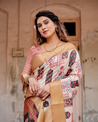 Ivory Tussar Silk Saree with Artistic Floral Motifs and Gleaming Golden Zari Border