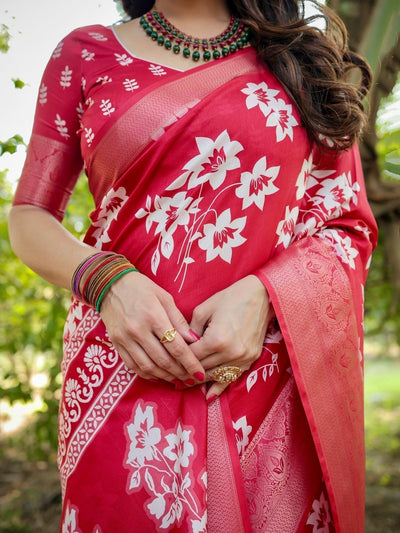 Graceful Red Tussar Silk Saree with White Floral Design and Zari Border