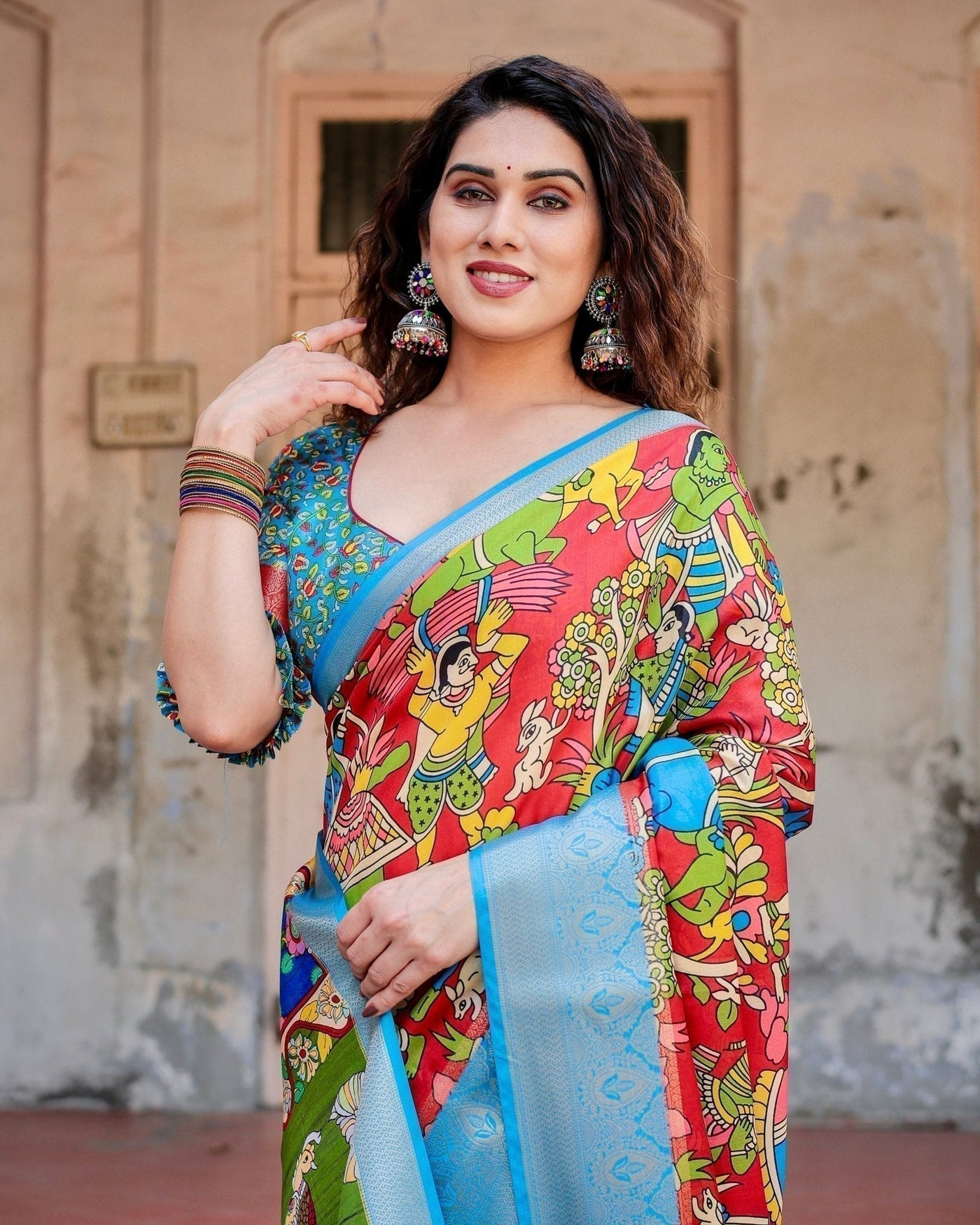 Multicolor Folk Art Inspired Digital Print Tussar Silk Saree with Sky Blue Zari Border