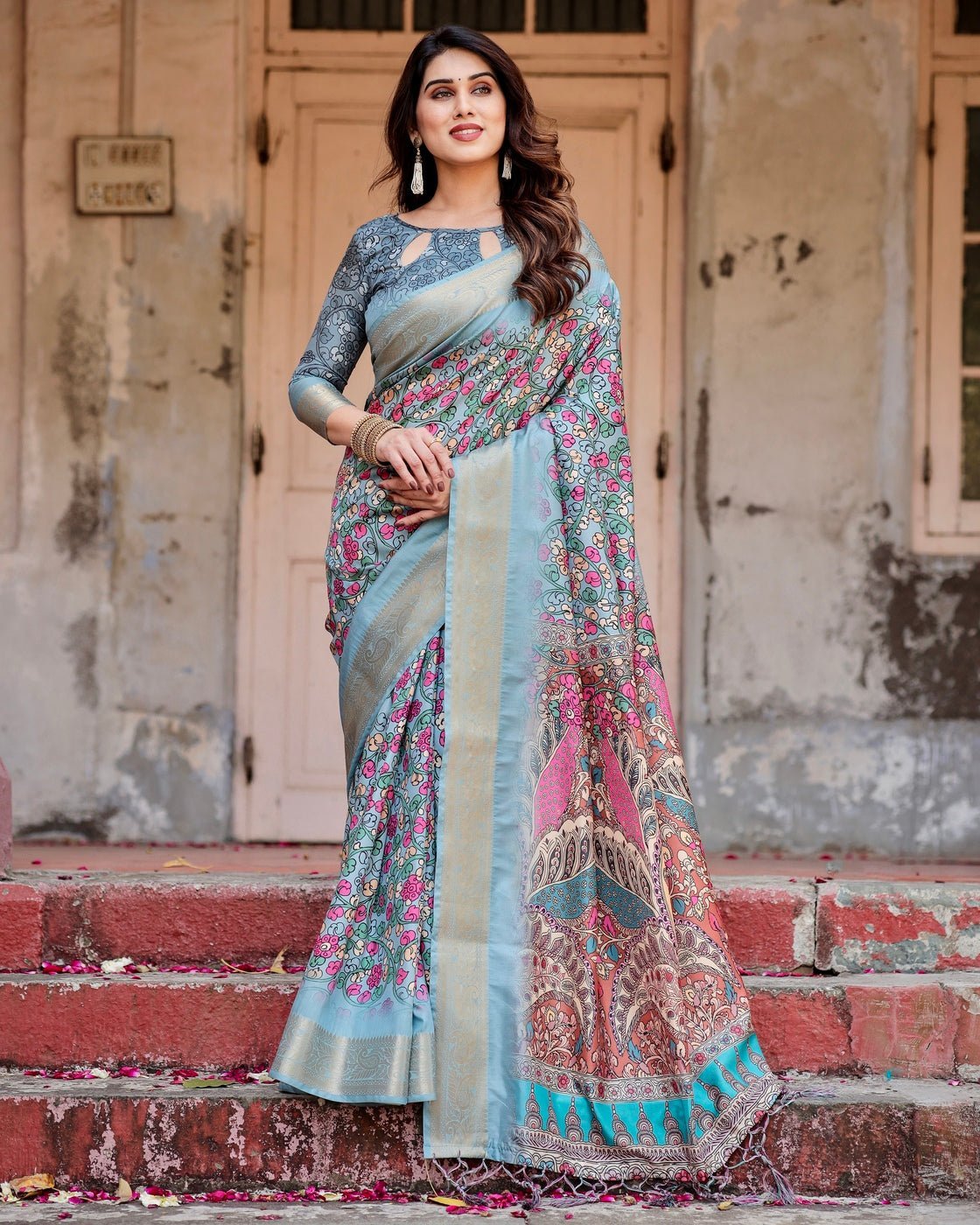 Sky Blue Tussar Silk Saree with Floral Weaves and Ornamental Pallu Design