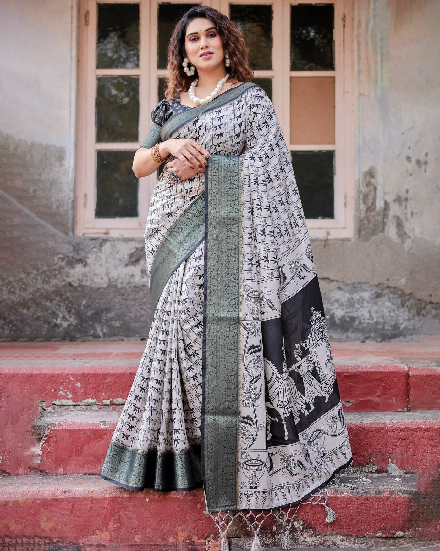 Monochrome White and Black Tussar Silk Saree with Tribal Art Motifs and Zari Border