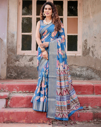 Sky Blue Tussar Silk Saree with Bold Floral Motifs and Chevron Pallu Design