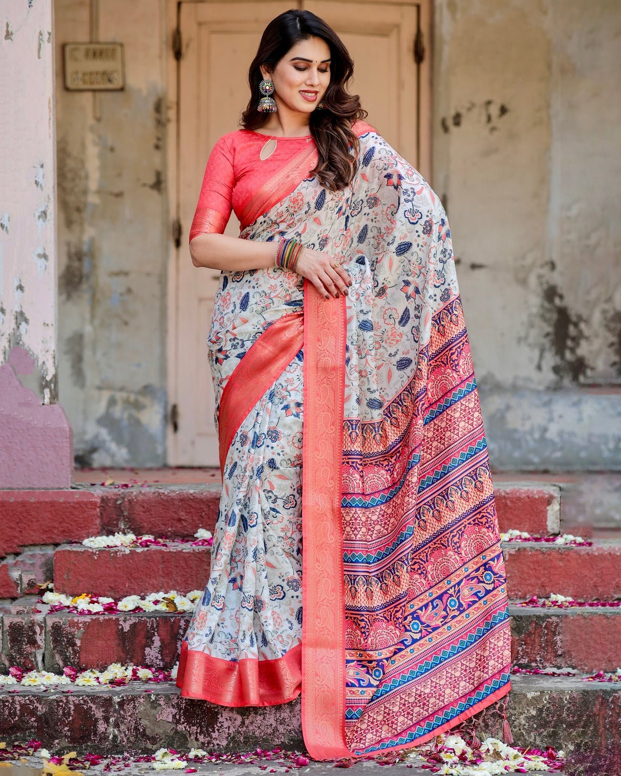 Ivory Tussar Silk Saree with Coral Zari Border and Intricate Floral Motifs