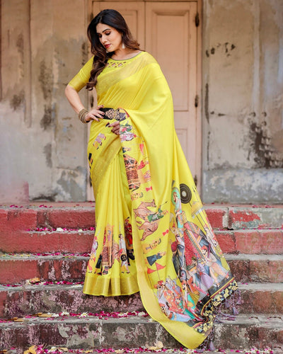 Vibrant Yellow Tussar Silk Saree with Royal Procession Pallu and Zari Accents