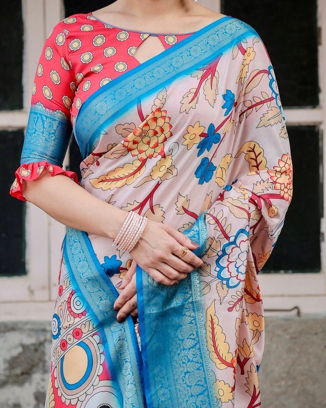 Beige and Red Tussar Silk Saree with Divine Motifs and Floral Zari Border