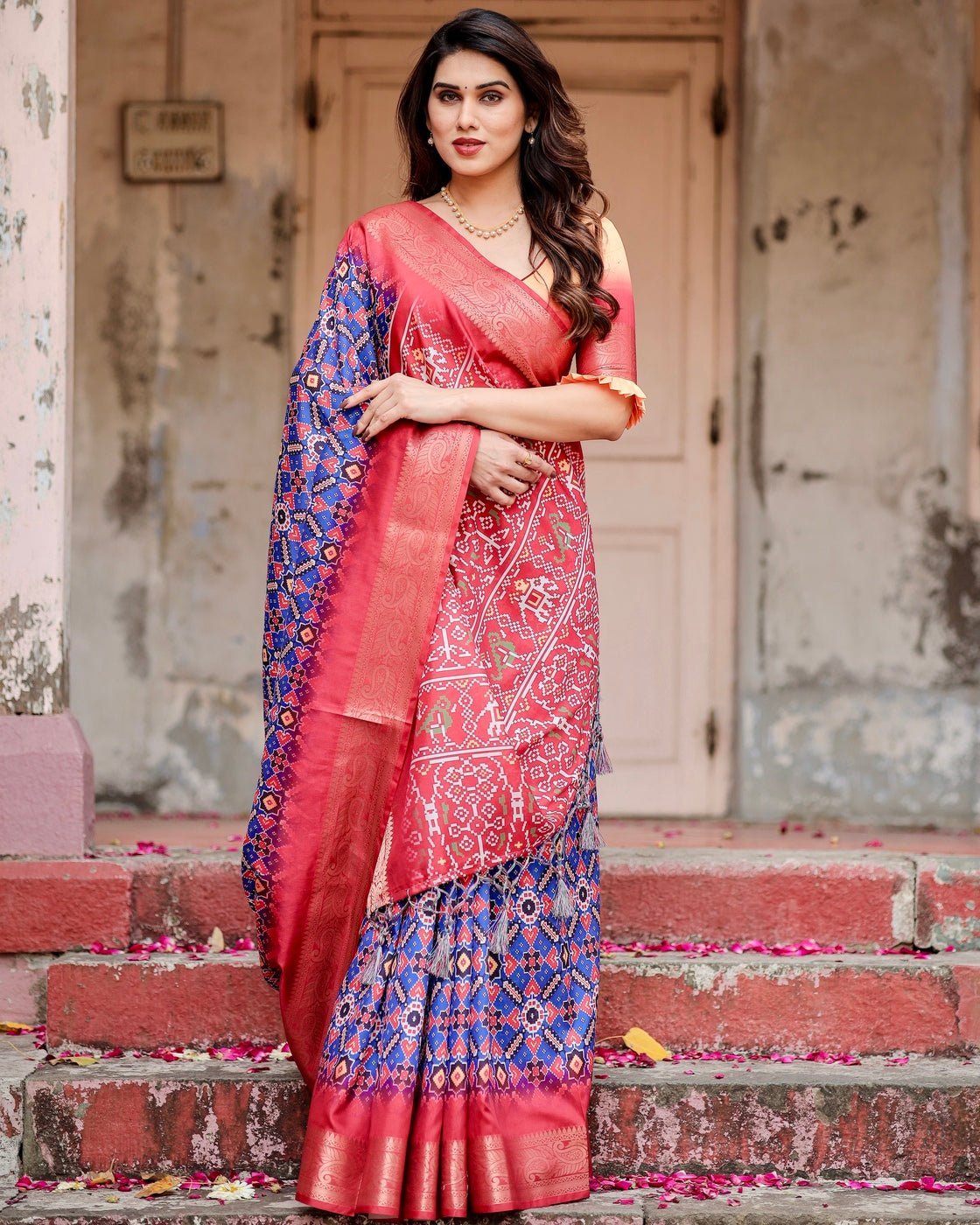 Royal Blue and Red Tussar Silk Saree with Geometric Patterns and Ornate Zari Border