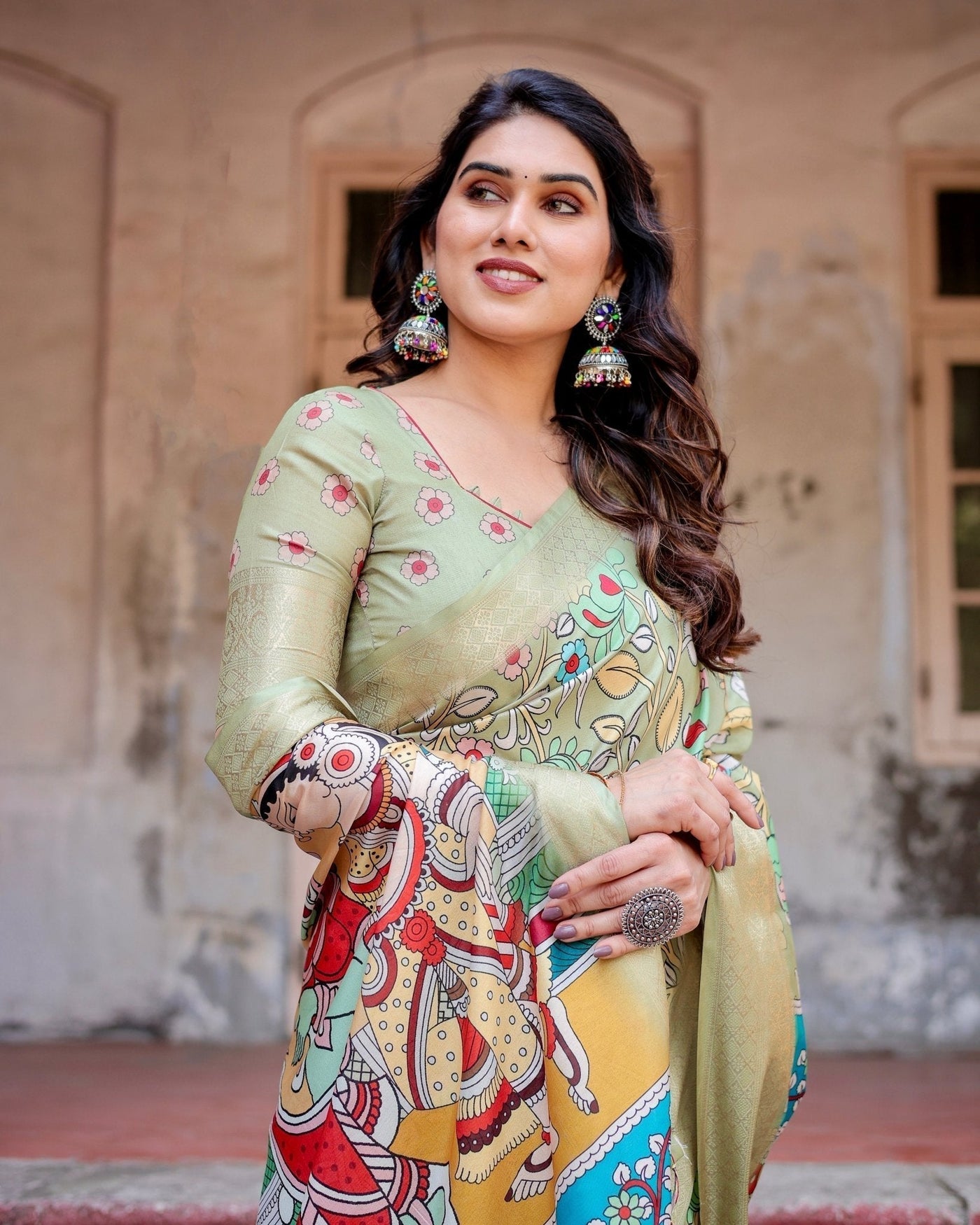 Pastel Green Tussar Silk Saree with Mythological Kalamkari Pallu and Zari Border