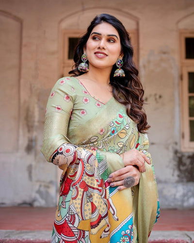 Pastel Green Tussar Silk Saree with Mythological Kalamkari Pallu and Zari Border