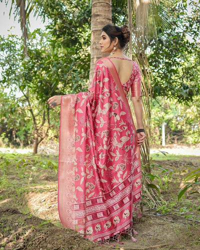 Vibrant Pink Tussar Silk Saree with Intricate Zari Border and Modern Floral Pallu