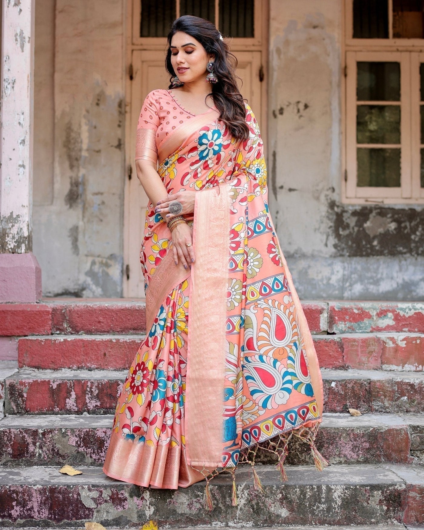 Peach Tussar Silk Saree with Vibrant Floral Kalamkari and Zari Highlights