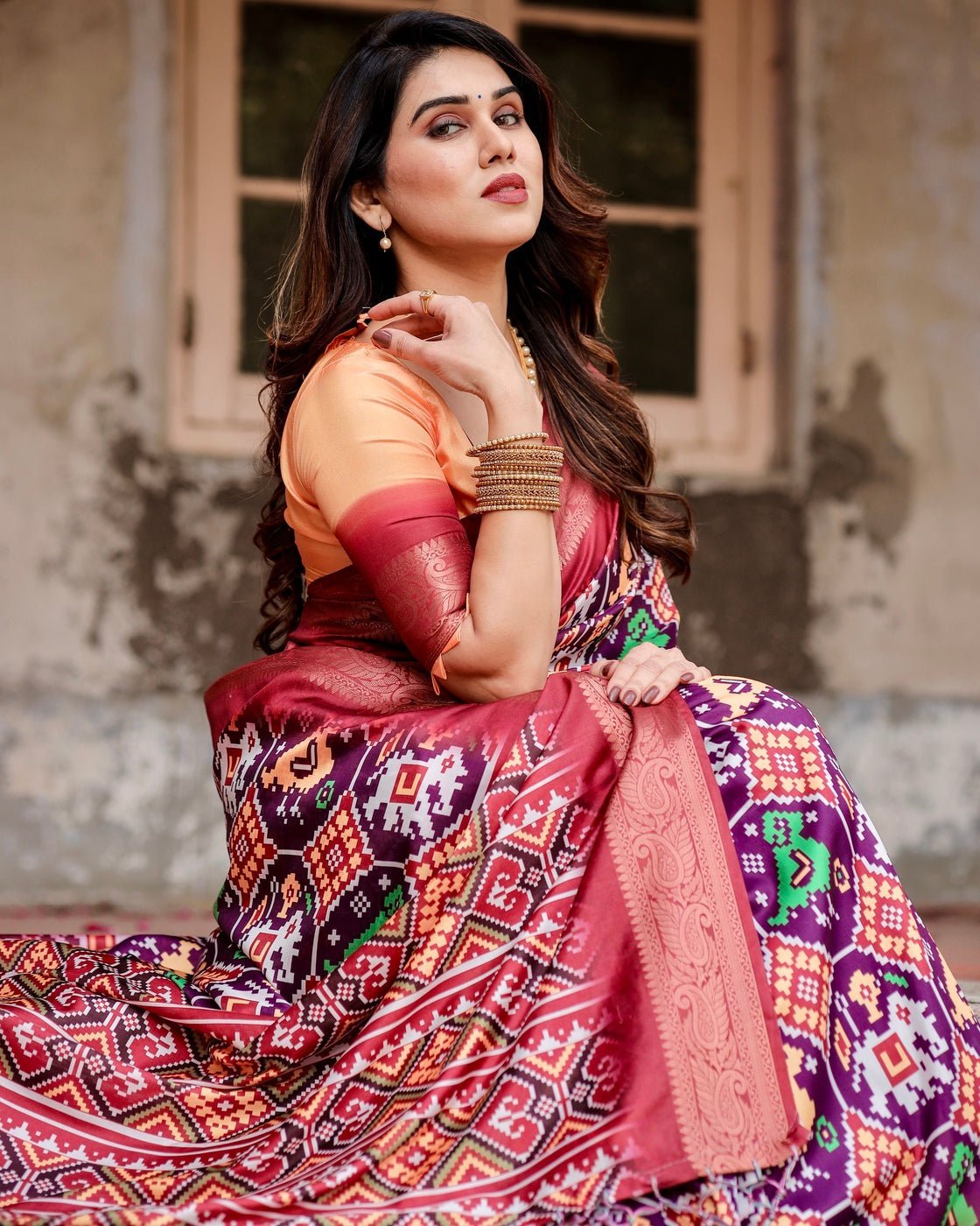 Wine Purple Tussar Silk Saree with Ikat-Inspired Patterns and Rich Zari Border