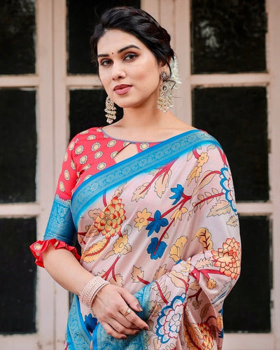 Beige and Red Tussar Silk Saree with Divine Motifs and Floral Zari Border