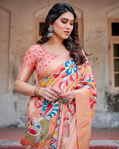 Peach Tussar Silk Saree with Vibrant Floral Kalamkari and Zari Highlights