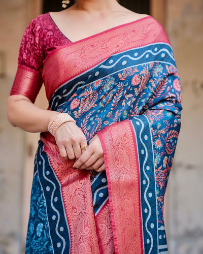 Teal Blue and Coral Tussar Silk Saree with Floral Weaves and Geometric Pallu