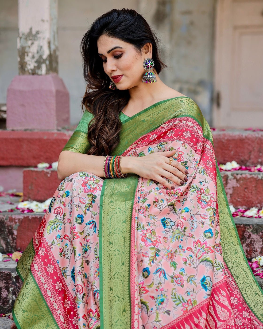 Blush Pink and Green Tussar Silk Saree with Floral Prints and Intricate Zari Work