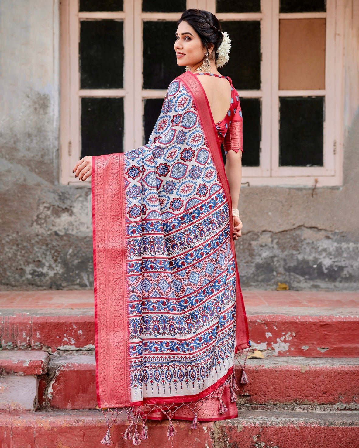 White and Red Tussar Silk Saree with Vibrant Floral Geometric Motifs and Ornamental Zari Border