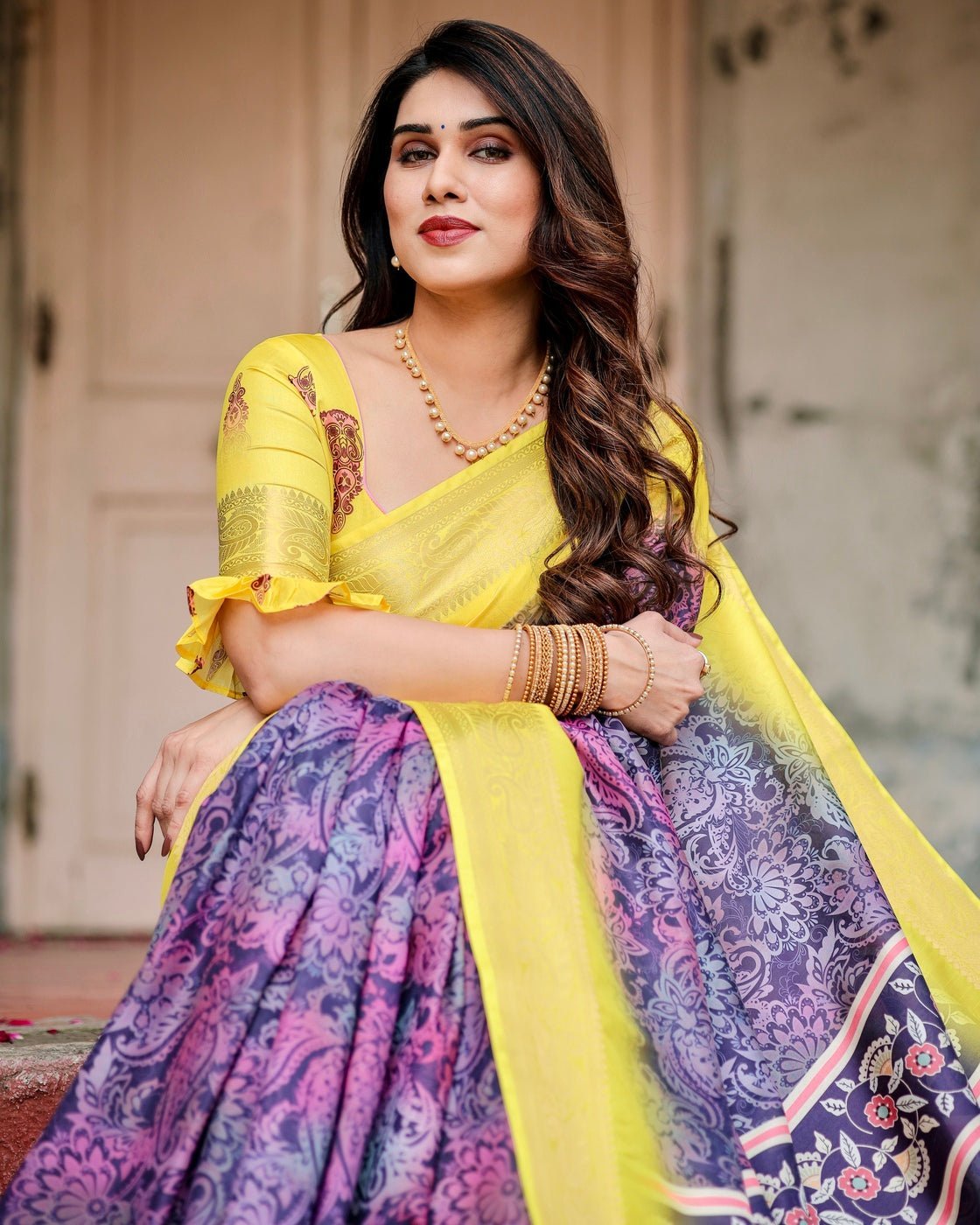 Purple and Yellow Tussar Silk Saree with Artistic Peacock Pallu and Zari Border