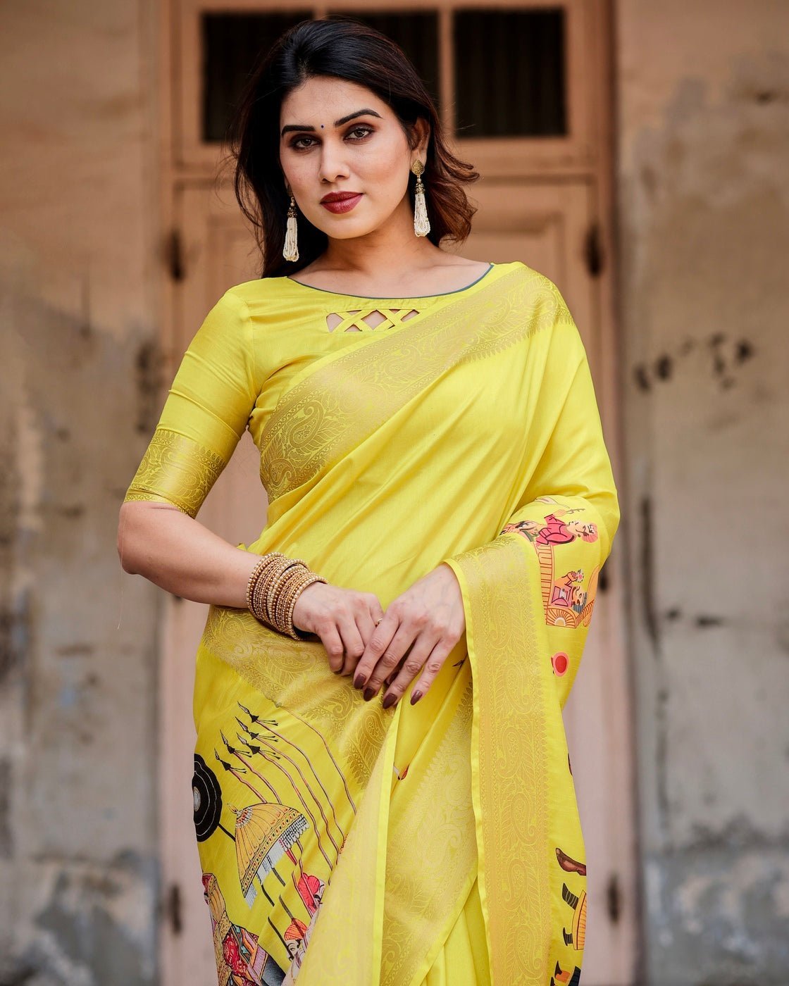 Vibrant Yellow Tussar Silk Saree with Royal Procession Pallu and Zari Accents