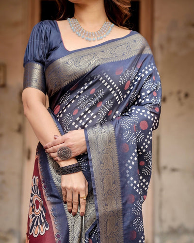 Navy Blue Tussar Silk Saree with Geometric Patterns, Zari Border, and Vibrant Pallu