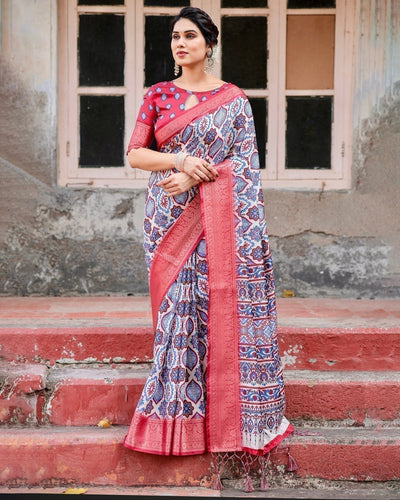White and Red Tussar Silk Saree with Vibrant Floral Geometric Motifs and Ornamental Zari Border
