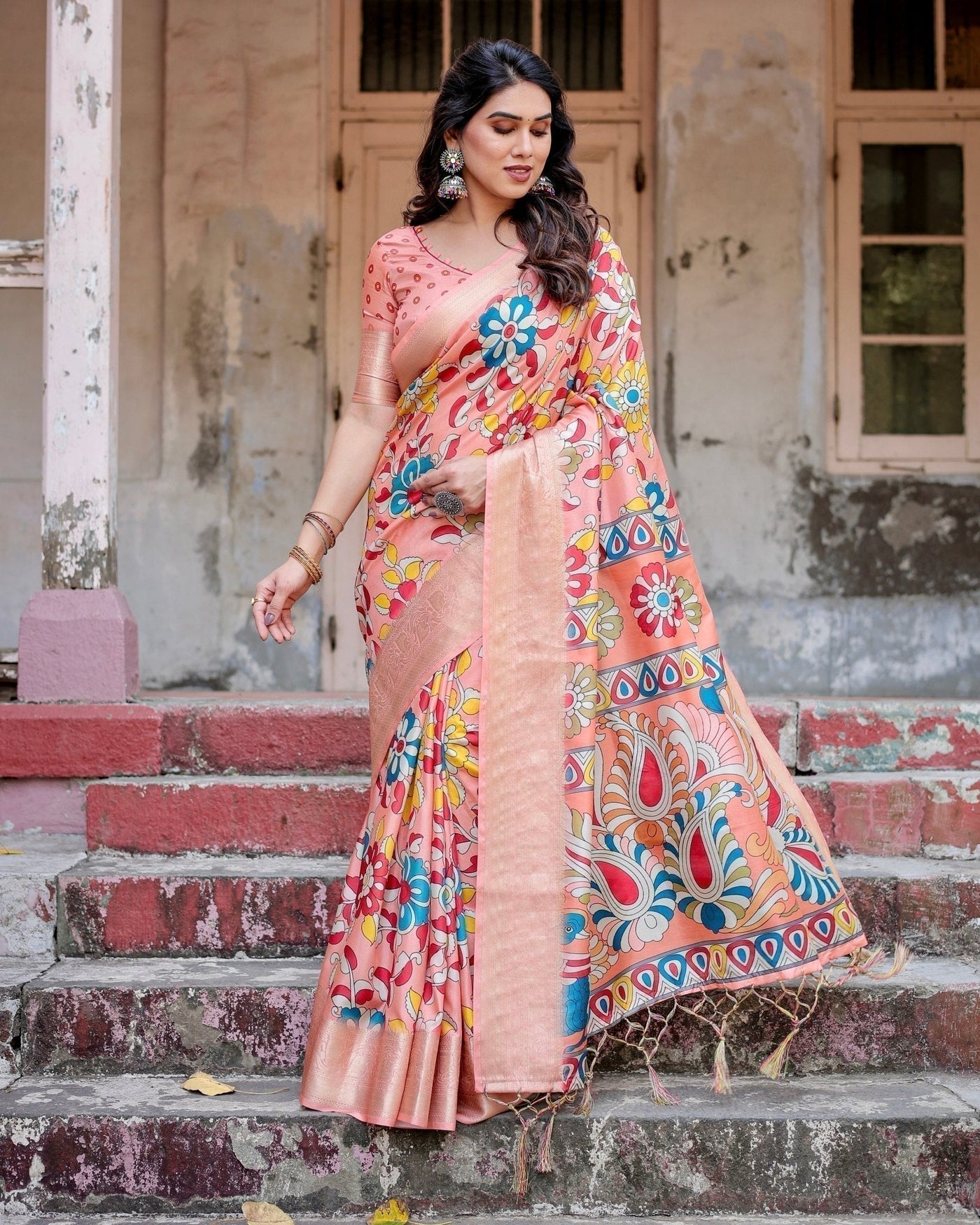Peach Tussar Silk Saree with Vibrant Floral Kalamkari and Zari Highlights