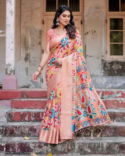 Peach Tussar Silk Saree with Vibrant Floral Kalamkari and Zari Highlights