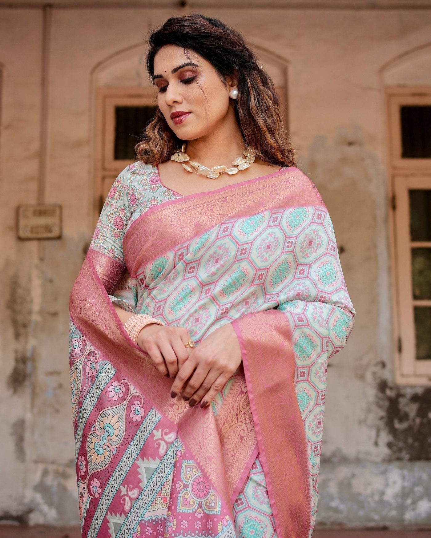 Pastel Pink and Mint Green Geometric Tussar Silk Saree with Zari Paisley Border