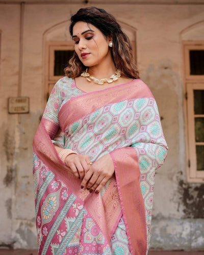Pastel Pink and Mint Green Geometric Tussar Silk Saree with Zari Paisley Border
