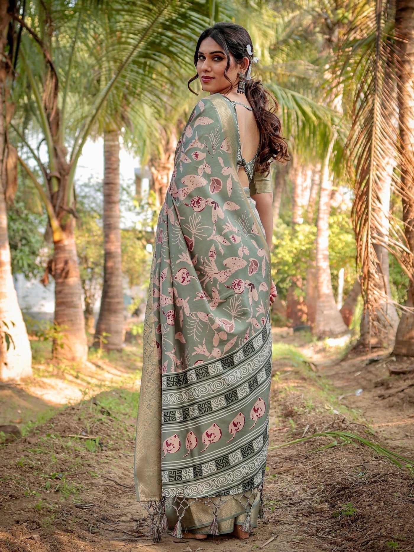 Graceful Olive Green Tussar Silk Saree with Intricate Beige and Maroon Botanical Print and Zari Border