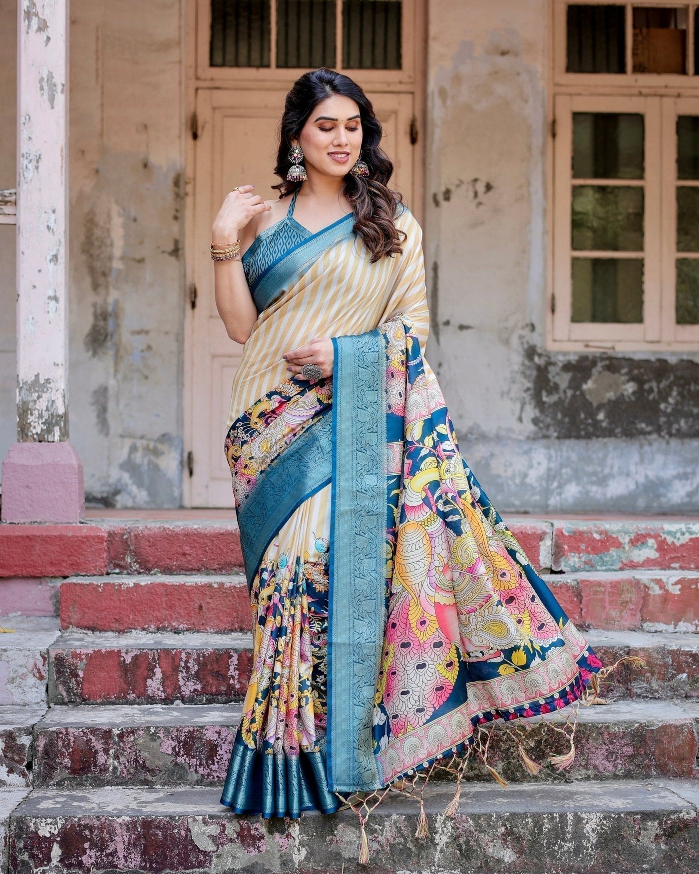 Beige & Teal Tussar Silk Saree with Intricate Kalamkari and Zari Border