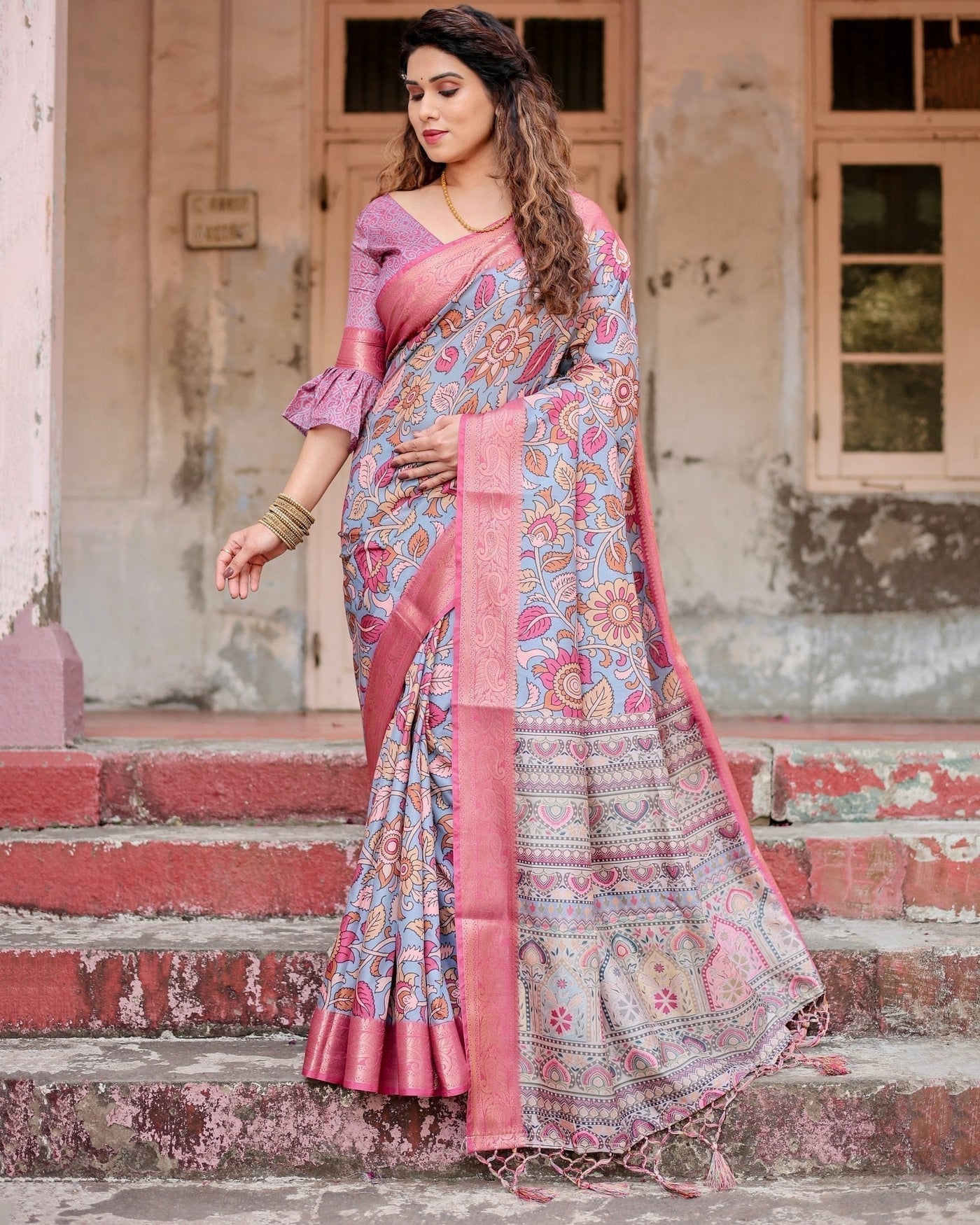 Graceful Grey Tussar Silk Saree with Pink Zari Border and Intricate Floral Motifs