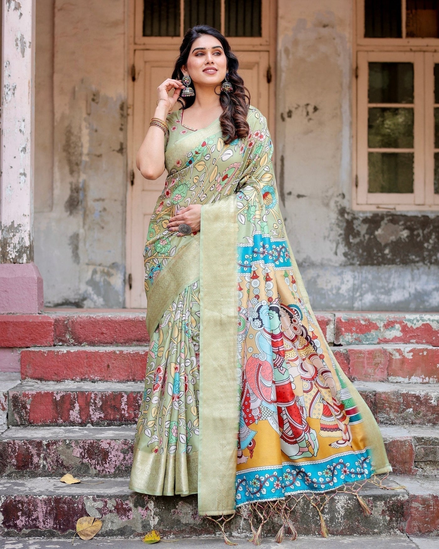 Pastel Green Tussar Silk Saree with Mythological Kalamkari Pallu and Zari Border