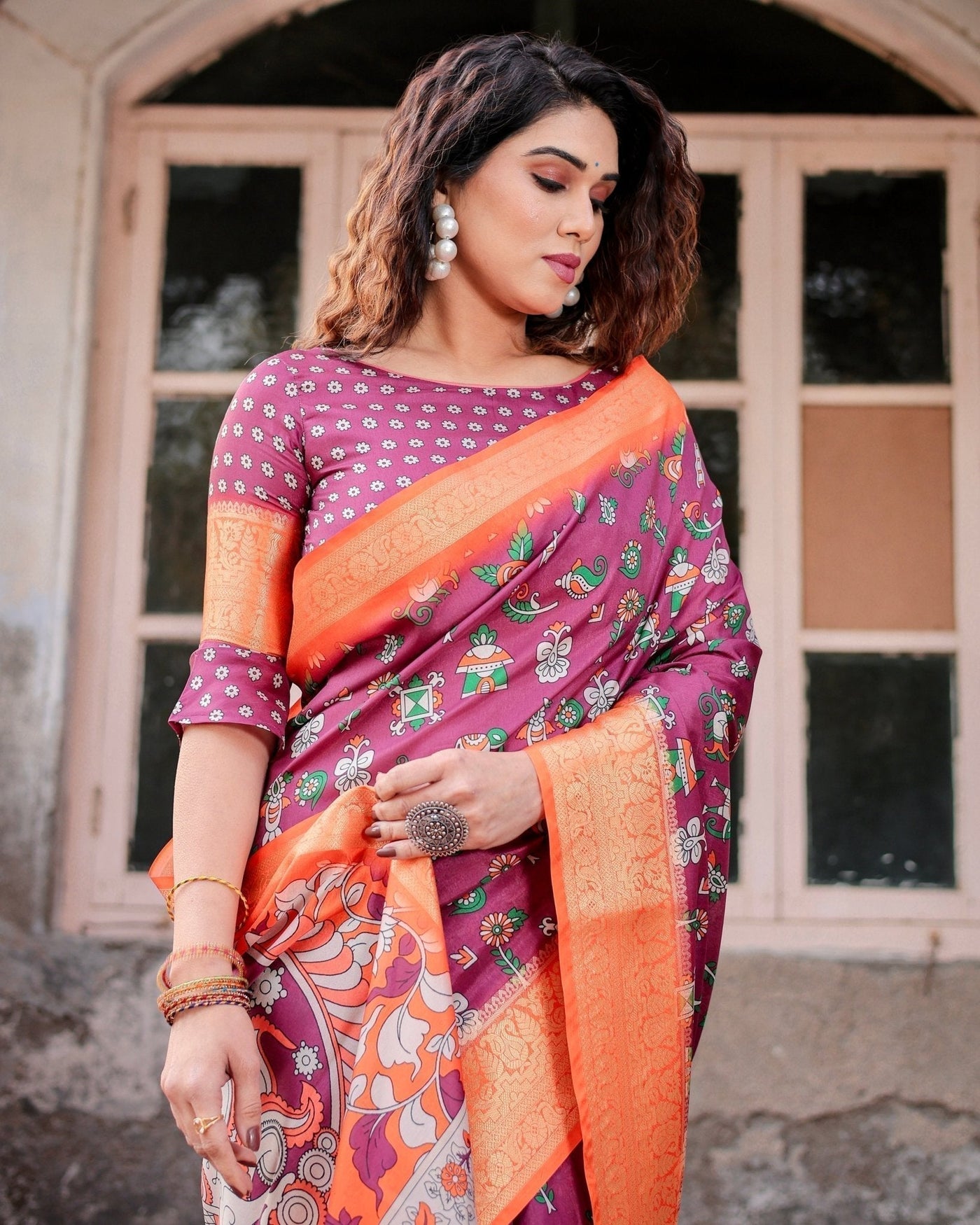 Wine Purple and Orange Tussar Silk Saree with Floral Motifs and Artistic Pallu