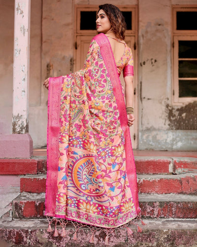 Peach and Fuchsia Floral Digital Print Tussar Silk Saree with Zari Border and Paisley Pallu