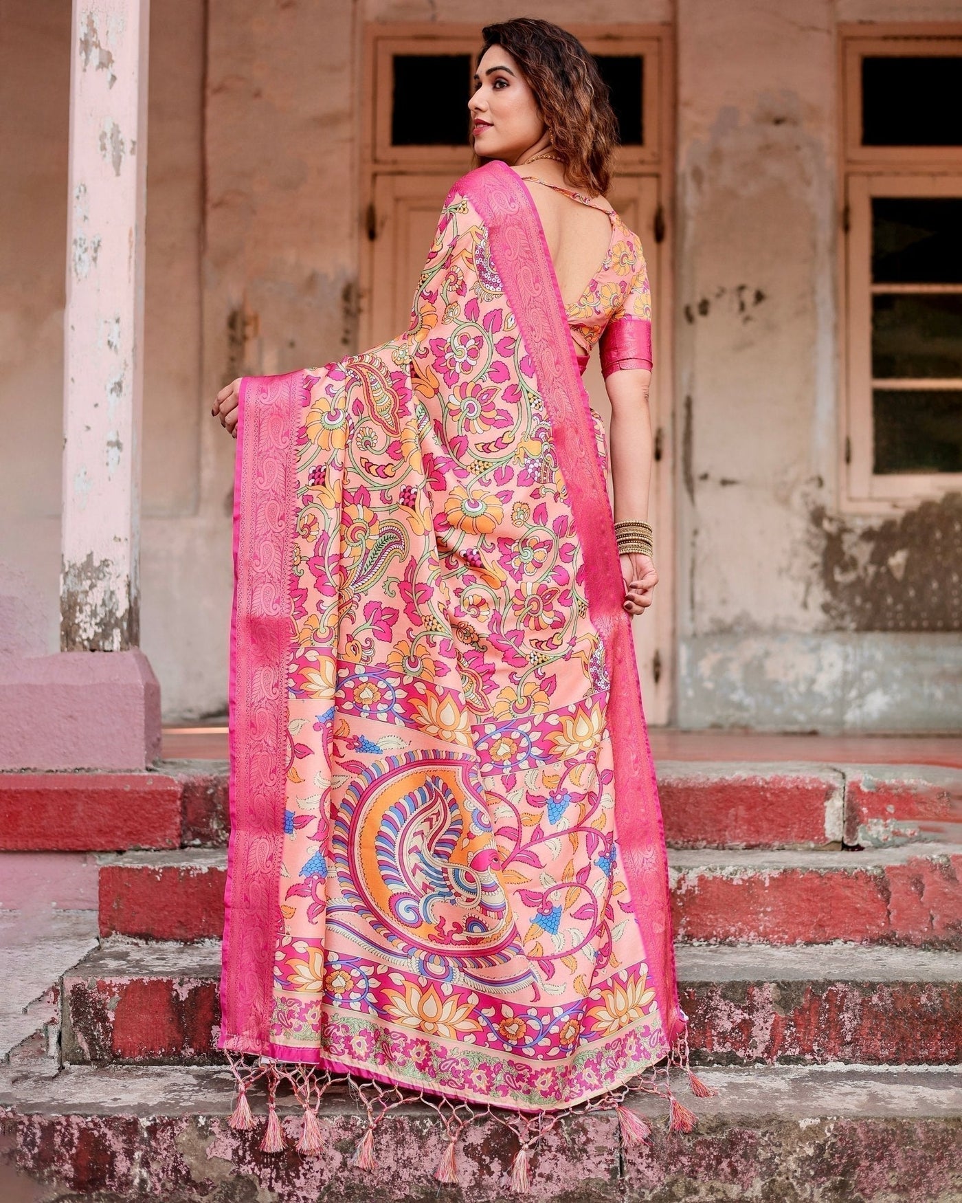 Peach and Fuchsia Floral Digital Print Tussar Silk Saree with Zari Border and Paisley Pallu