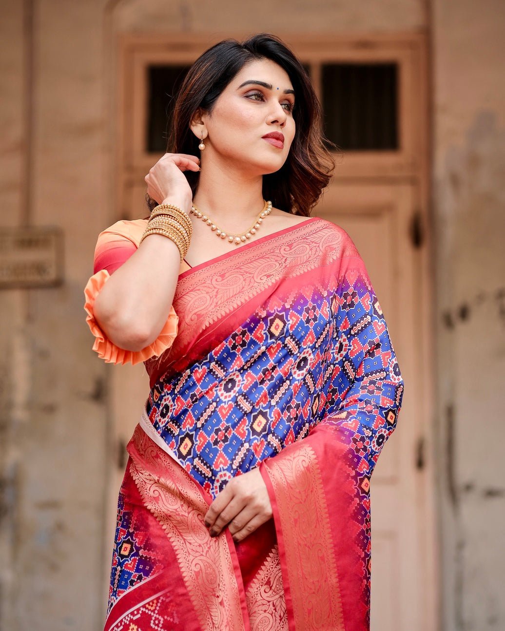 Royal Blue and Red Tussar Silk Saree with Geometric Patterns and Ornate Zari Border