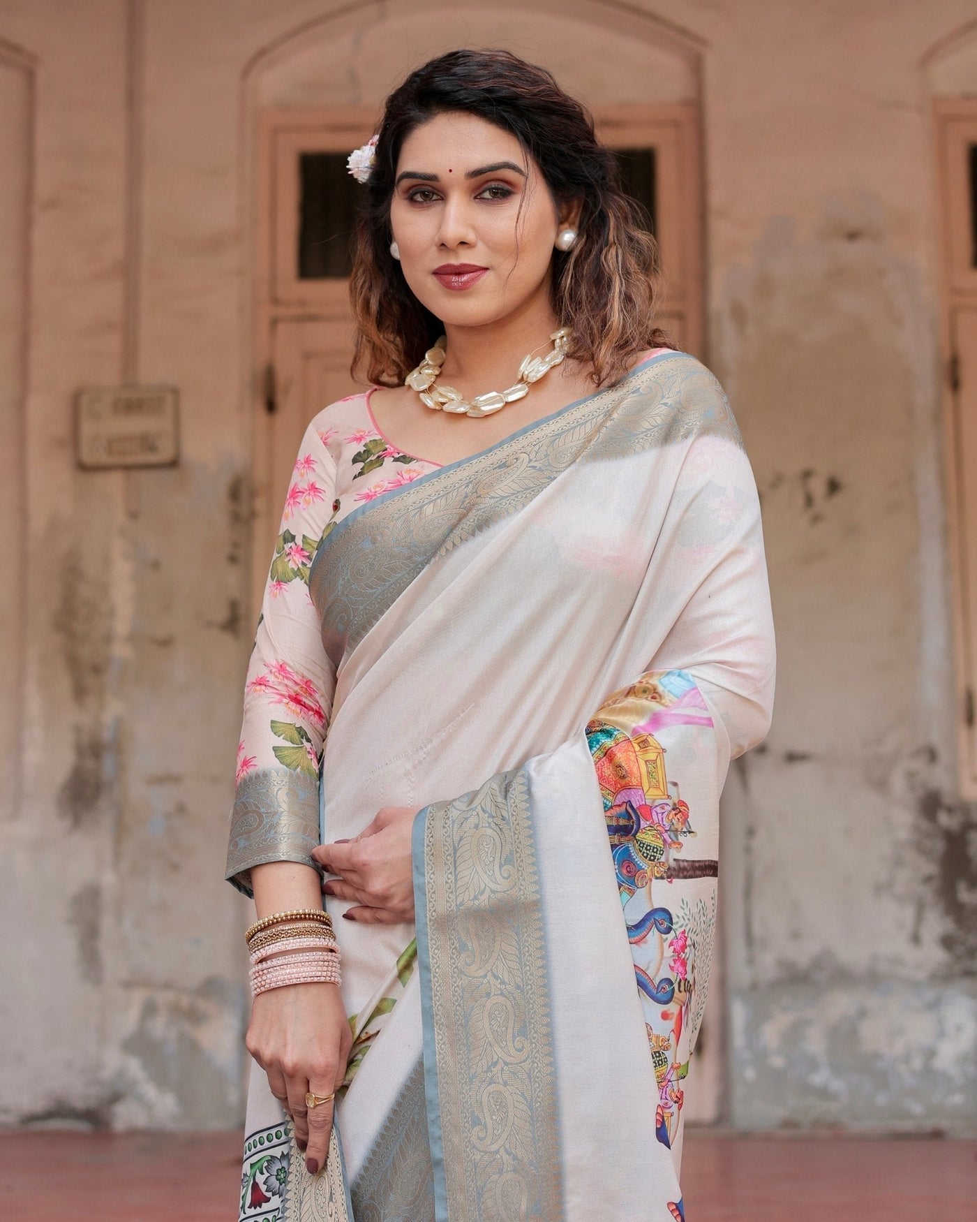 Ivory Tussar Silk Saree with Handcrafted Elephant Motif Pallu and Golden Zari Border