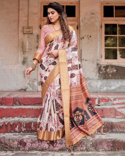Ivory Tussar Silk Saree with Artistic Floral Motifs and Gleaming Golden Zari Border