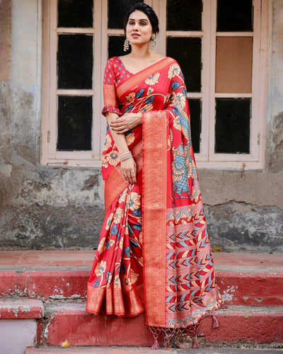 Vibrant Red Tussar Silk Saree with Bold Floral Motifs and Chevron Patterned Pallu