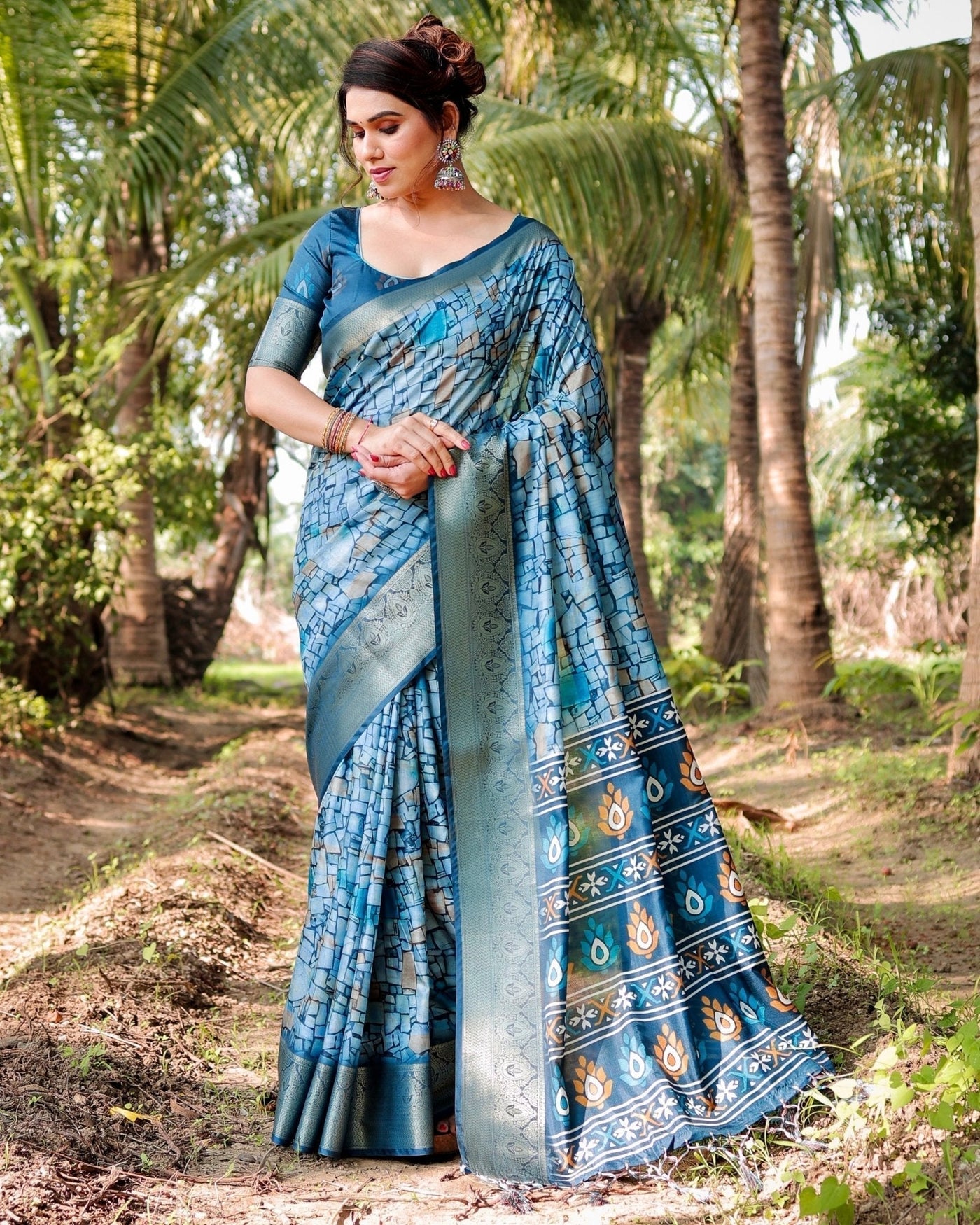 Mesmerizing Blue Tussar Silk Saree with Golden Zari Border and Mosaic-Inspired Pallu Design